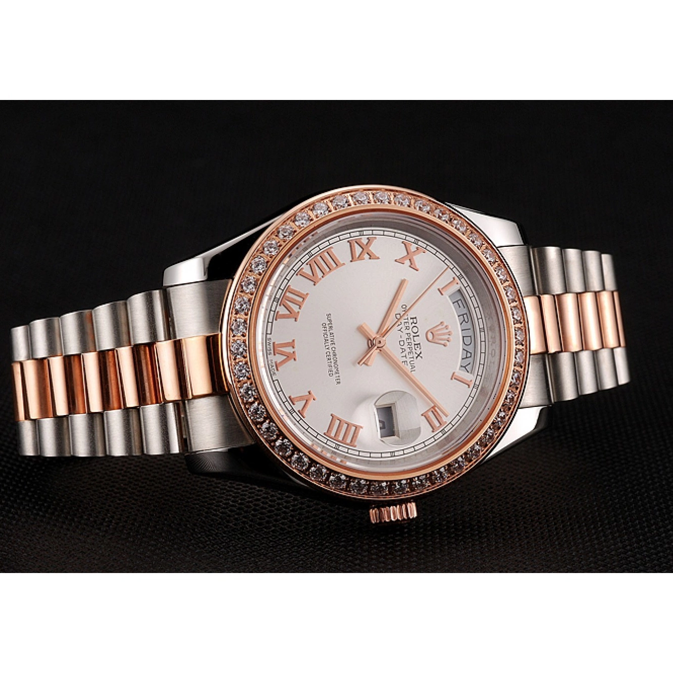 MiroTime 0817 Swiss Rolex Day-Date Diamonds Bezel White Dial Rose Gold And Staineless Steel Bracelet 1454108